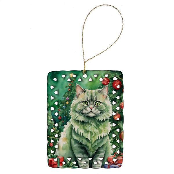 Selkirk Rex Cat By the Christmas Tree Porcelain Ornament For Discount