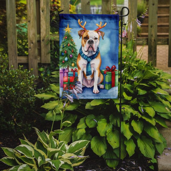 American Bulldog Christmas Garden Flag – Dog in Reindeer Antlers with Tree & Gifts Sale - Image 2