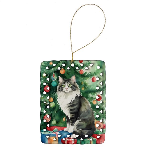 Norwegian Forest Cat By the Christmas Tree Porcelain Ornament Cheap