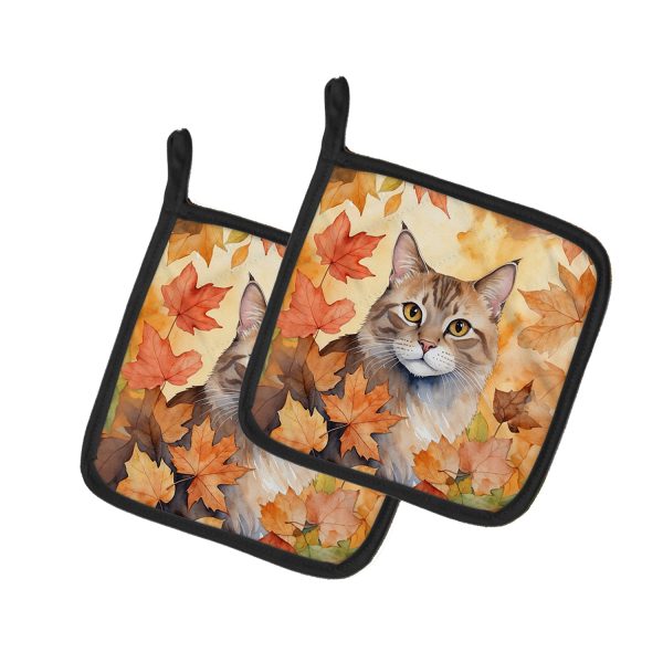 Dwelf Cat in Fall Leaves Pair of Pot Holders For Discount