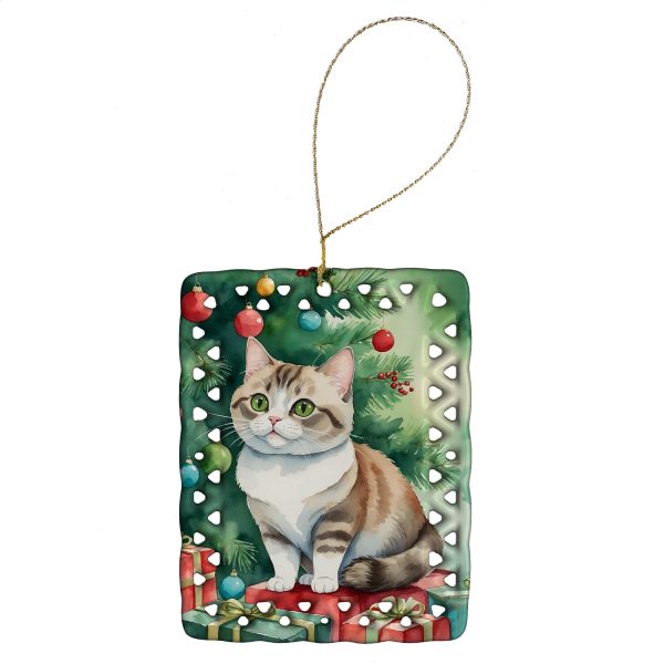 Munchkin Cat By the Christmas Tree Porcelain Ornament Online
