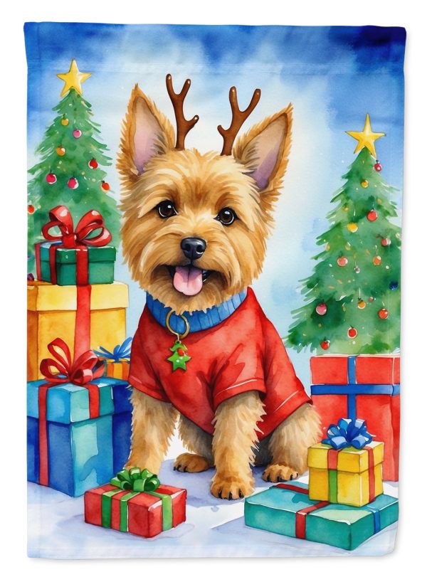 Norwich Terrier Christmas Garden Flag – Dog in Reindeer Antlers with Tree & Gifts Online Hot Sale