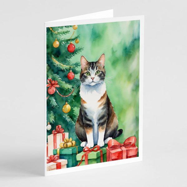 Manx Cat By the Christmas Tree Greeting Cards Pack of 8 For Discount