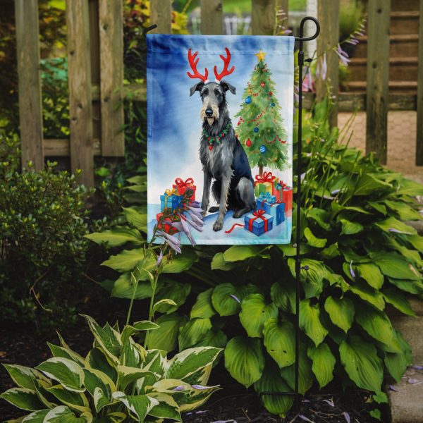 Scottish Deerhound Christmas Garden Flag – Dog in Reindeer Antlers with Tree & Gifts Online - Image 2