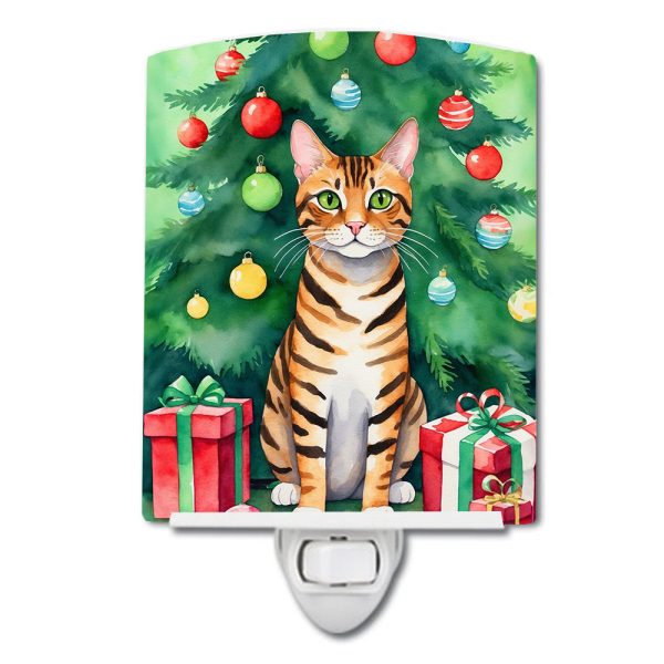 Toyger Cat By the Christmas Tree Ceramic Night Light Sale