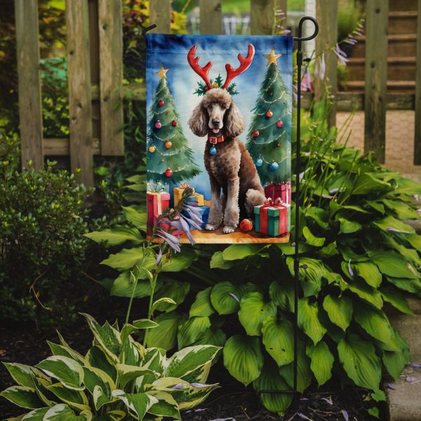 Chocolate Standard Poodle Christmas Garden Flag – Dog in Reindeer Antlers with Tree & Gifts For Cheap - Image 2