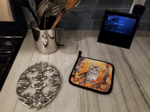 European Shorthair Cat in Fall Leaves Pair of Pot Holders Online - Image 3