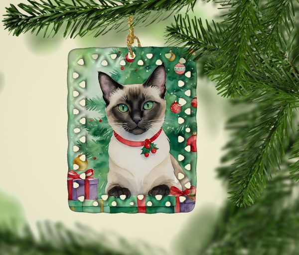 Siamese Cat By the Christmas Tree Porcelain Ornament For Discount - Image 2