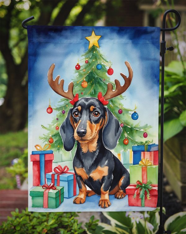 Black and Tan Dachshund Christmas Garden Flag – Dog in Reindeer Antlers with Tree & Gifts Online now - Image 3