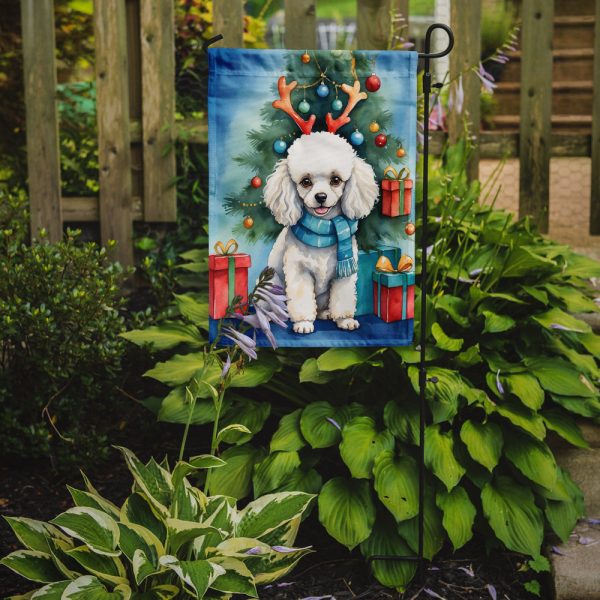 White Toy Poodle Christmas Garden Flag – Dog in Reindeer Antlers with Tree & Gifts Sale - Image 2