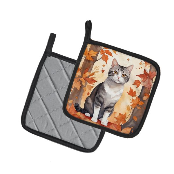 American Wirehair Cat in Fall Leaves Pair of Pot Holders Sale - Image 2