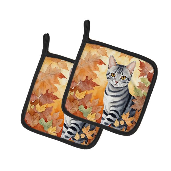American Shorthair Cat in Fall Leaves Pair of Pot Holders Supply