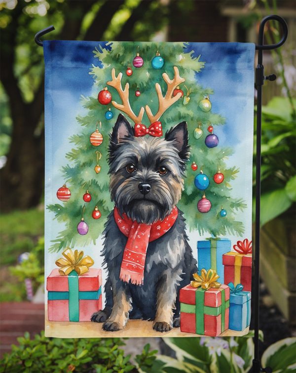 Black Cairn Terrier Christmas Garden Flag – Dog in Reindeer Antlers with Tree & Gifts Online - Image 3