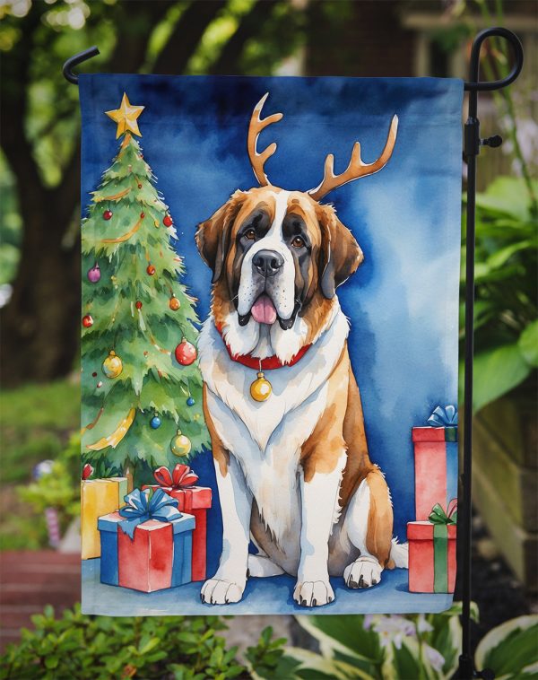 Saint Bernard Christmas Garden Flag – Dog in Reindeer Antlers with Tree & Gifts Online Sale - Image 3