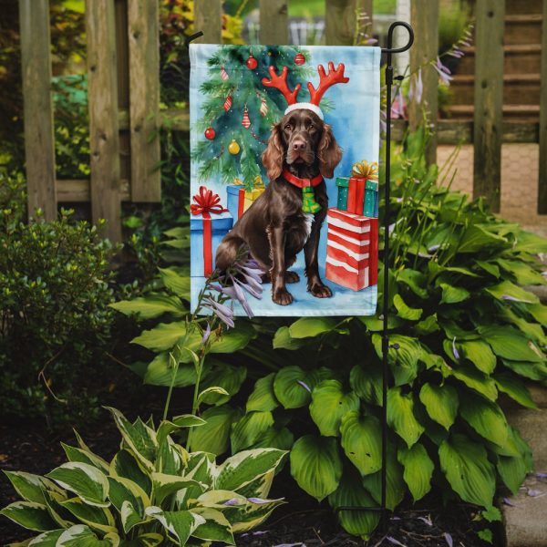 Boykin Spaniel Christmas Garden Flag – Dog in Reindeer Antlers with Tree & Gifts Online Hot Sale - Image 2