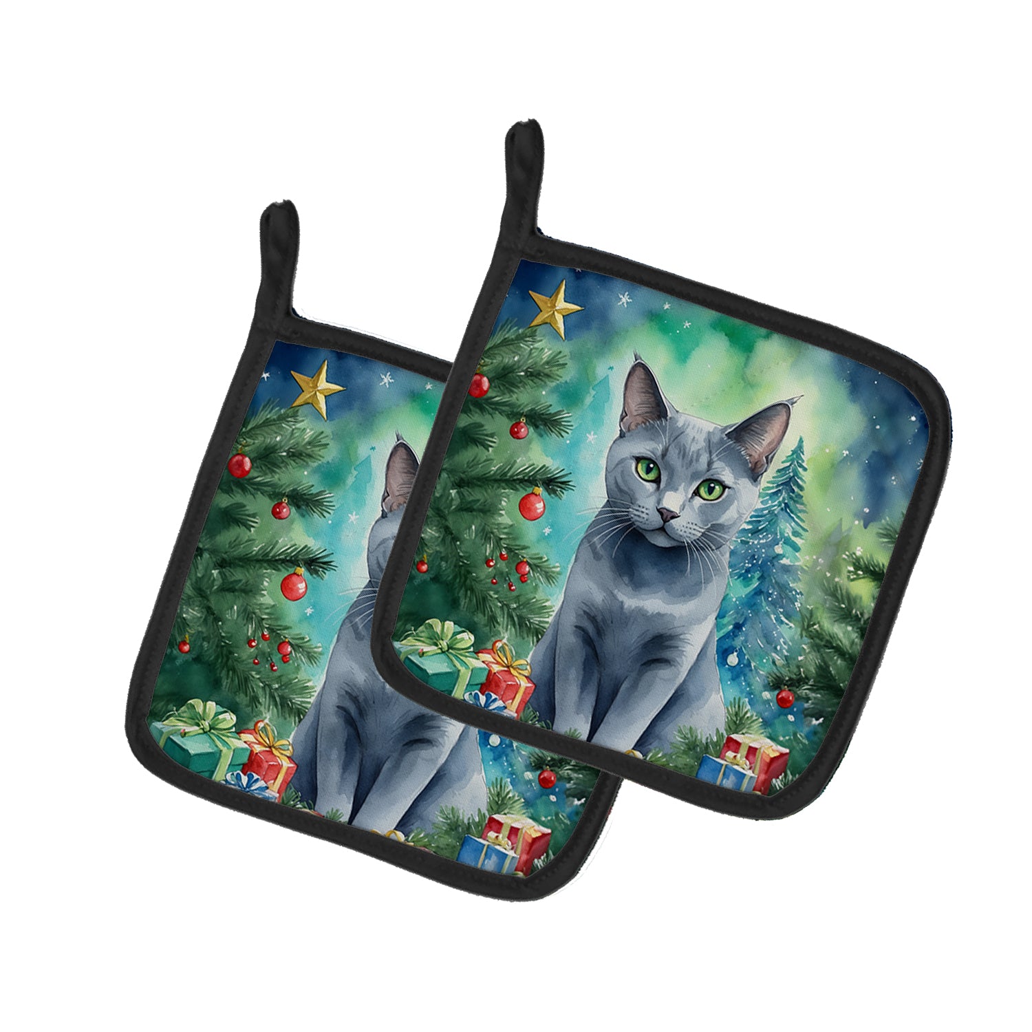 Russian Blue Cat By the Christmas Tree Pair of Pot Holders Online Sale