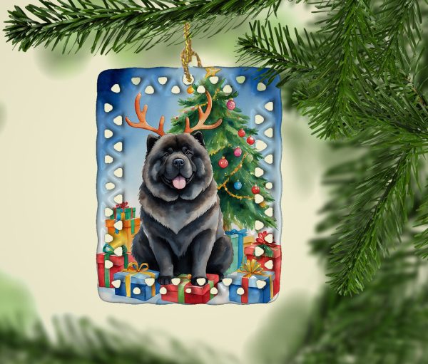 Black Chow Chow Christmas Reindeer Porcelain Ornament Online Sale - Image 2