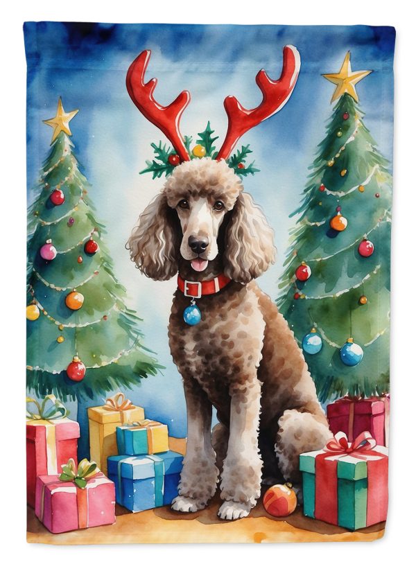 Chocolate Standard Poodle Christmas Garden Flag – Dog in Reindeer Antlers with Tree & Gifts For Cheap