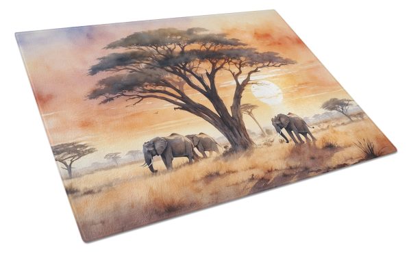 Elephants Savanna Sunrise Glass Cutting Board Online Hot Sale