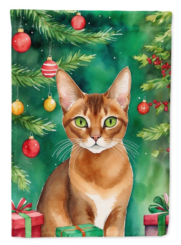 Abyssinian Christmas Garden Flag - Cat by the Christmas Tree - Cat-Themed Holiday Yard Decor Online now