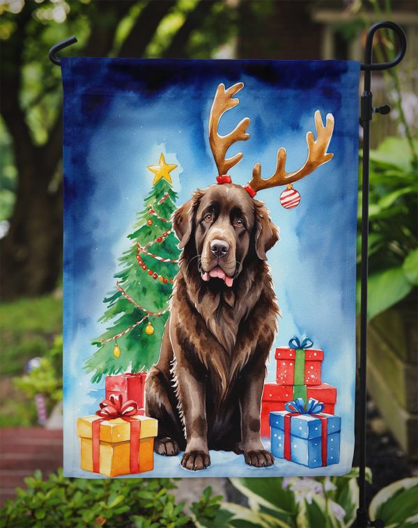 Chocolate Newfoundland Christmas Garden Flag – Dog in Reindeer Antlers with Tree & Gifts For Sale - Image 3