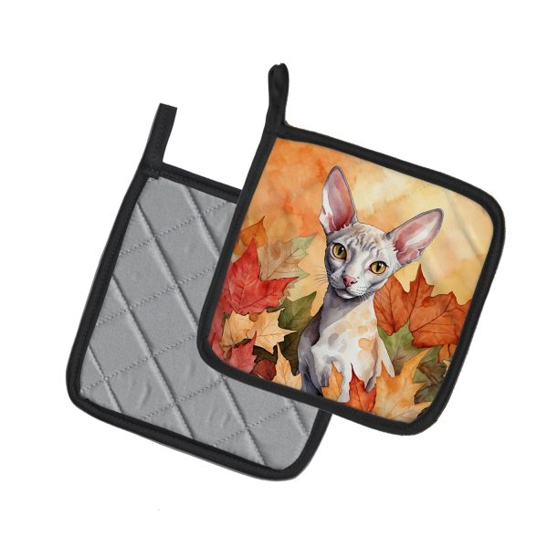 Cornish Rex Cat in Fall Leaves Pair of Pot Holders For Sale - Image 2