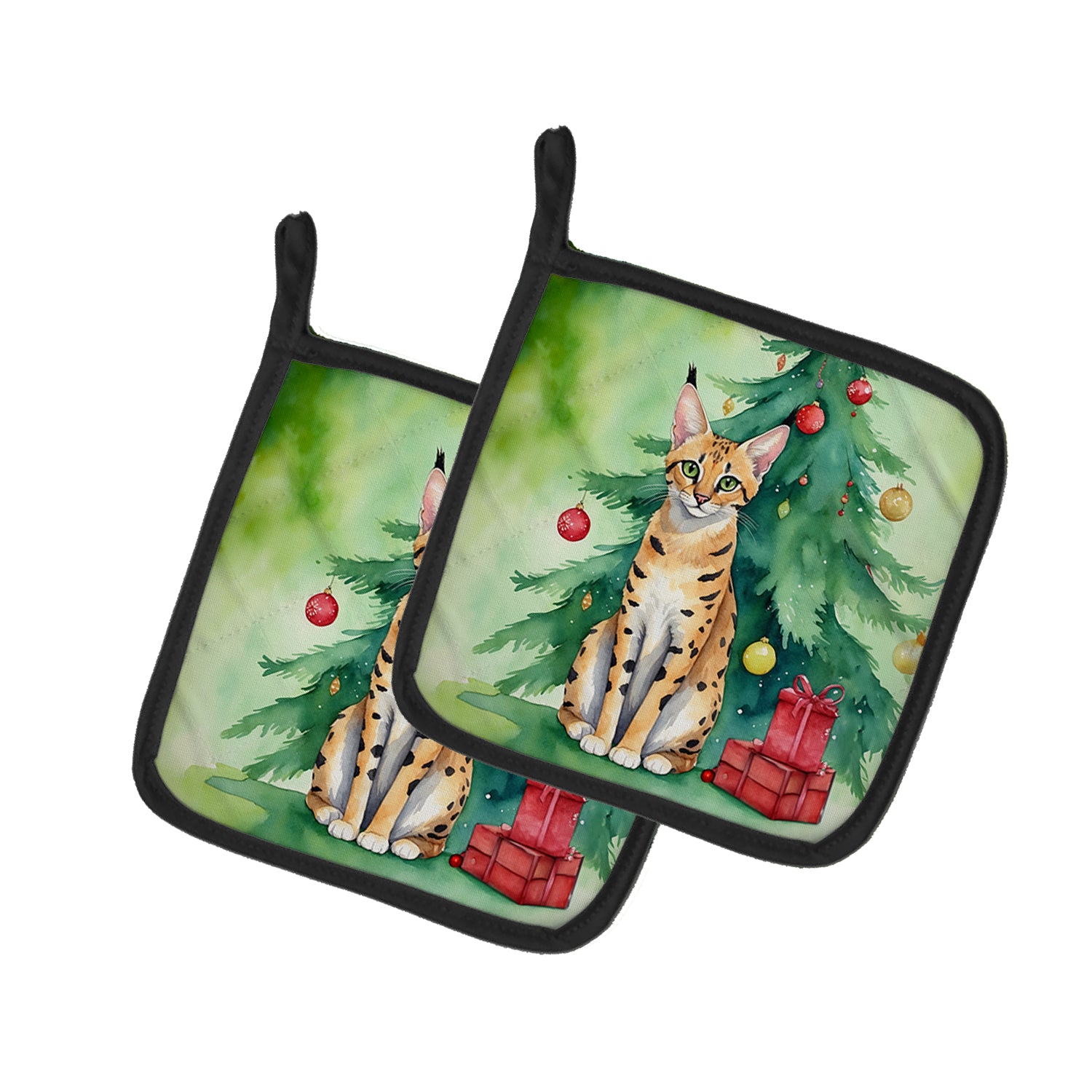 Serengeti Cat By the Christmas Tree Pair of Pot Holders Supply