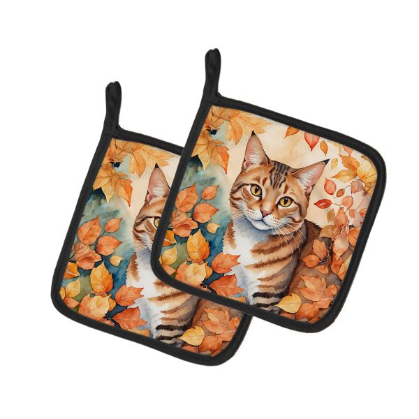 Aegean Cat in Fall Leaves Pair of Pot Holders Fashion
