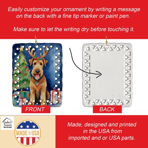 Airedale Terrier Christmas Reindeer Porcelain Ornament Online Sale - Image 3