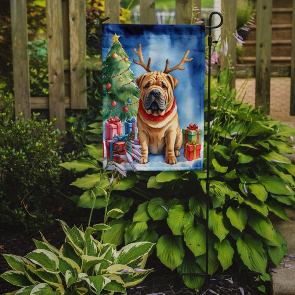 Shar Pei Christmas Garden Flag – Dog in Reindeer Antlers with Tree & Gifts Sale - Image 2