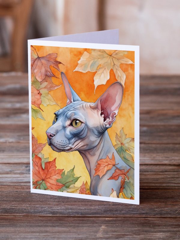 Donskoy Don Sphynx Cat in Fall Leaves Greeting Cards Pack of 8 For Discount - Image 2
