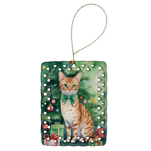 Ocicat Cat By the Christmas Tree Porcelain Ornament Cheap