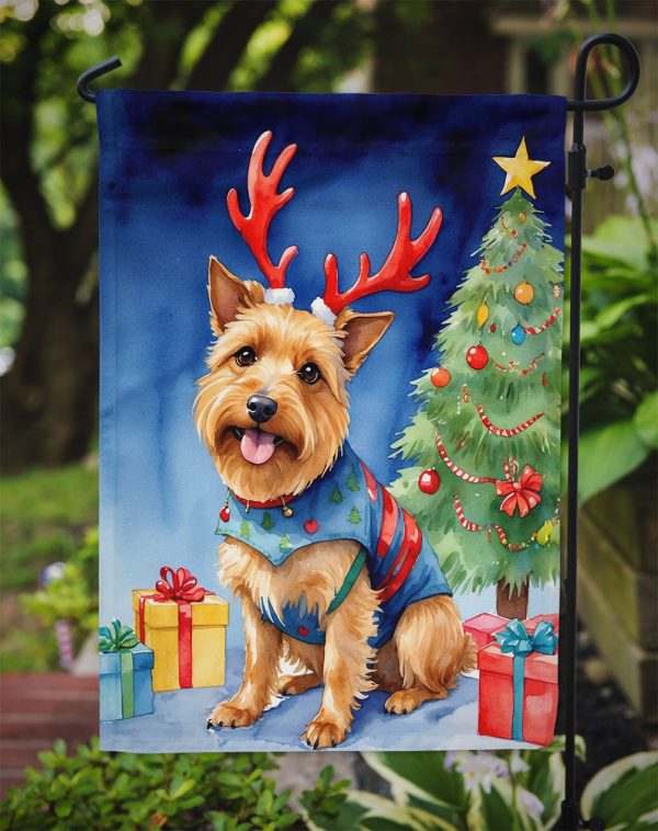 Australian Terrier Christmas Garden Flag – Dog in Reindeer Antlers with Tree & Gifts Online - Image 3