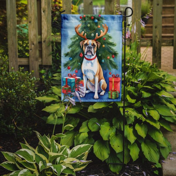 White Boxer Christmas Garden Flag – Dog in Reindeer Antlers with Tree & Gifts Hot on Sale - Image 2