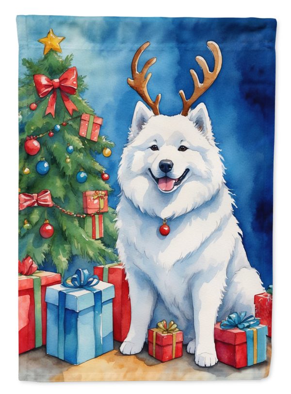 Samoyed Christmas Garden Flag – Dog in Reindeer Antlers with Tree & Gifts Online