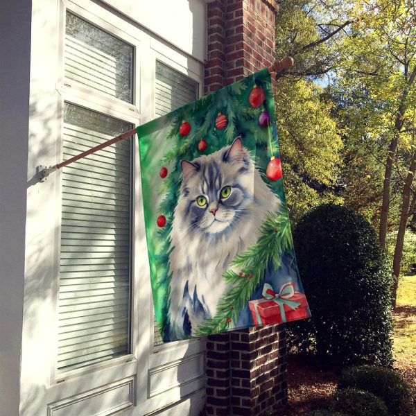 British Longhair Cat By the Christmas Tree House Flag Online - Image 2