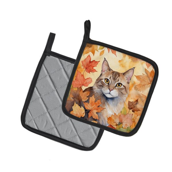 Dwelf Cat in Fall Leaves Pair of Pot Holders For Discount - Image 2
