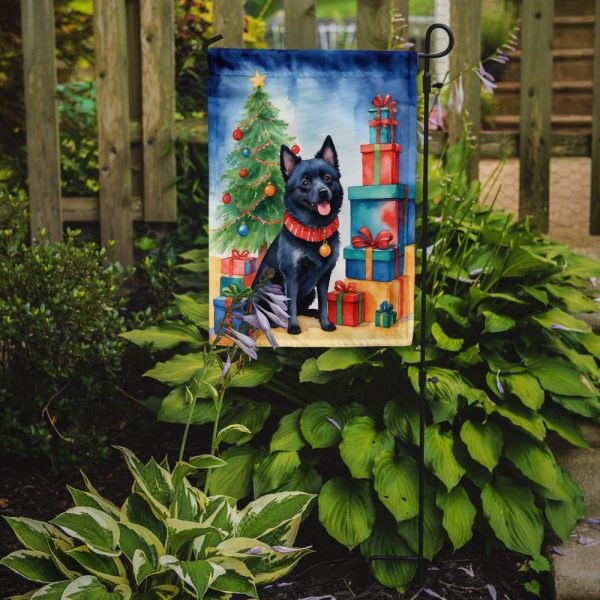 Schipperke Christmas Garden Flag – Dog in Reindeer Antlers with Tree & Gifts For Cheap - Image 2
