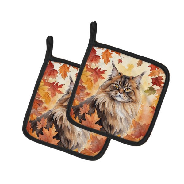 British Longhair Cat in Fall Leaves Pair of Pot Holders Online