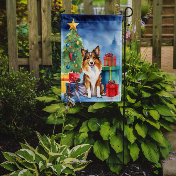 Sheltie Christmas Garden Flag – Dog in Reindeer Antlers with Tree & Gifts Supply - Image 2