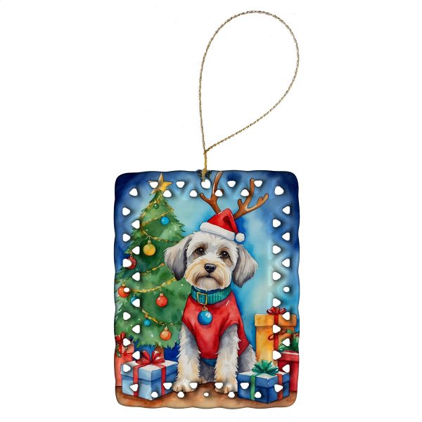 Dandie Dinmont Terrier Christmas Reindeer Porcelain Ornament For Sale