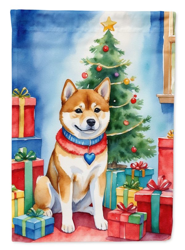 Shiba Inu Christmas Garden Flag – Dog in Reindeer Antlers with Tree & Gifts Online Sale