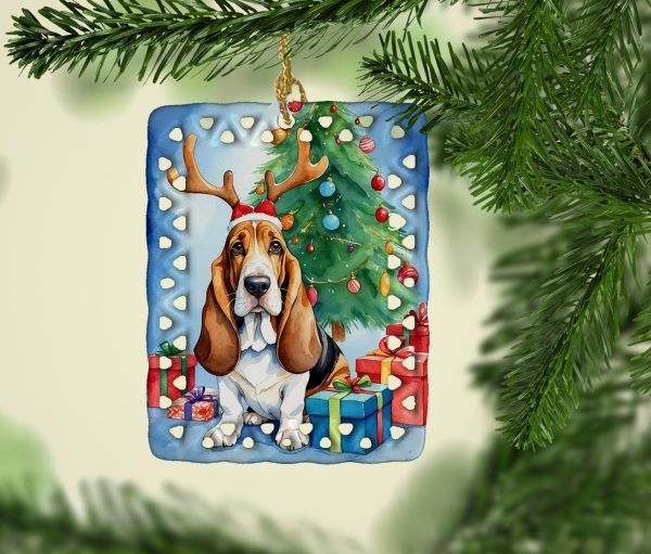 Basset Hound Christmas Reindeer Porcelain Ornament For Sale - Image 2