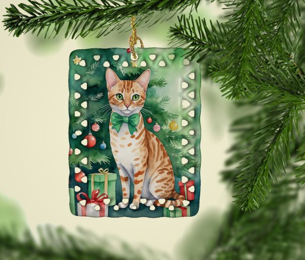 Ocicat Cat By the Christmas Tree Porcelain Ornament Cheap - Image 2