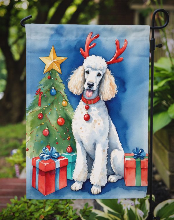 White Standard Poodle Christmas Garden Flag – Dog in Reindeer Antlers with Tree & Gifts Fashion - Image 3