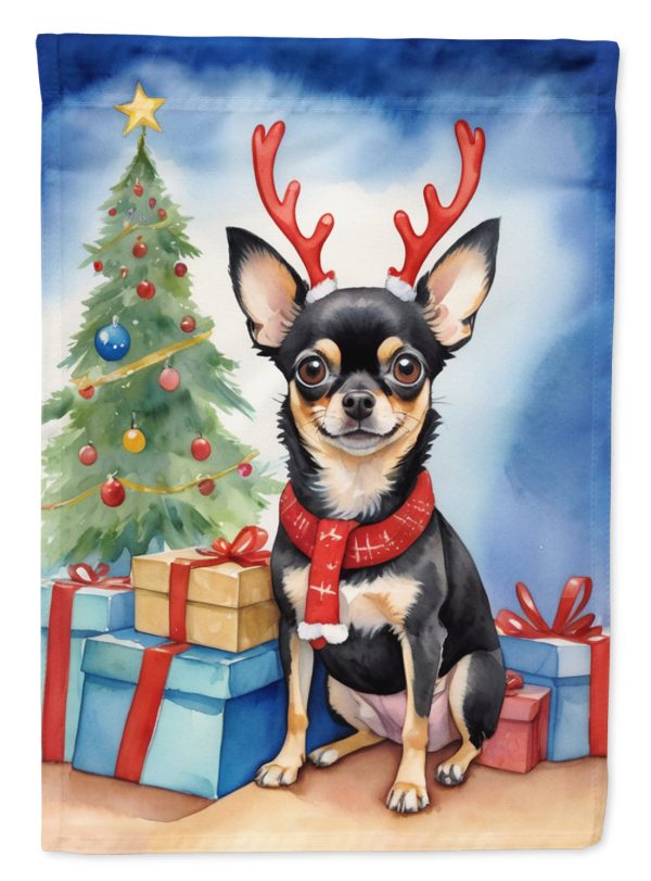 Black and Tan Chihuahua Christmas Garden Flag – Dog in Reindeer Antlers with Tree & Gifts Sale