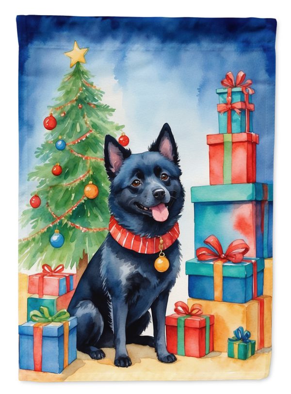 Schipperke Christmas Garden Flag – Dog in Reindeer Antlers with Tree & Gifts For Cheap