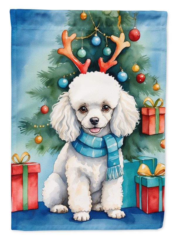 White Toy Poodle Christmas Garden Flag – Dog in Reindeer Antlers with Tree & Gifts Sale