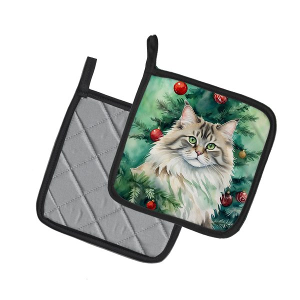 Siberian Cat By the Christmas Tree Pair of Pot Holders on Sale - Image 2