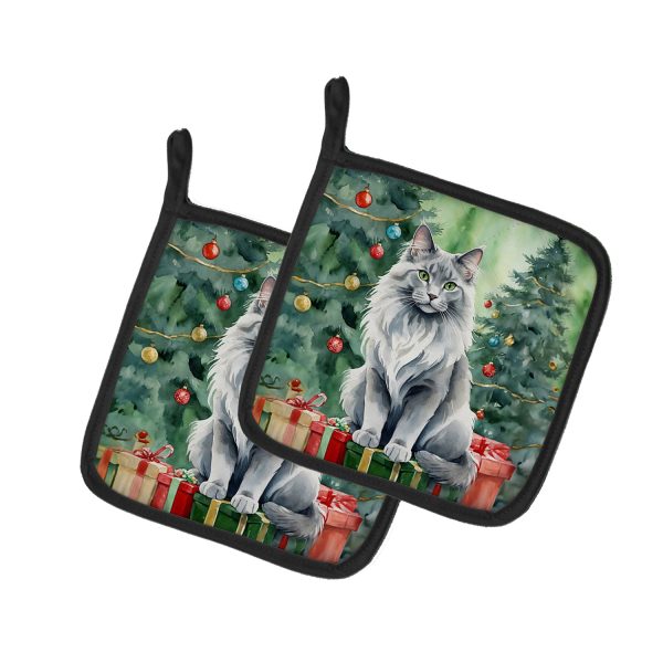 Nebelung Cat By the Christmas Tree Pair of Pot Holders Online now